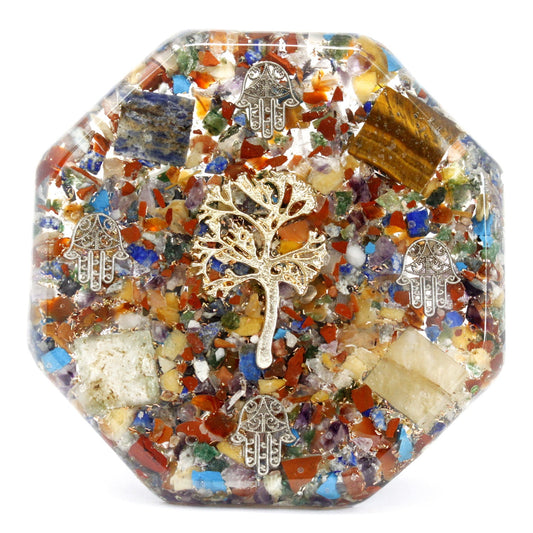 Handmade Orgonite Desk Power Pack / Paperweight - Large / Octagonal / Tree of Life / Multicoloured and Gold product packaging on clean background from Quintessential Holistic Health Ltd