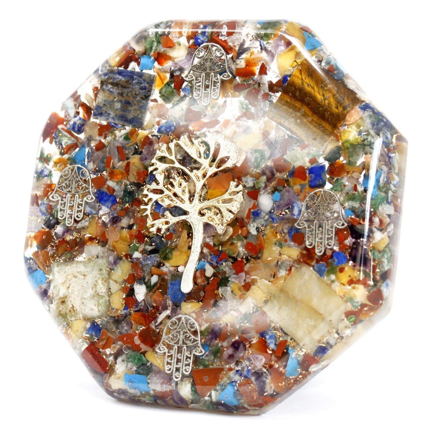 Handmade Orgonite Desk Power Pack / Paperweight - Large / Octagonal / Tree of Life / Multicoloured and Gold product packaging on clean background from Quintessential Holistic Health Ltd