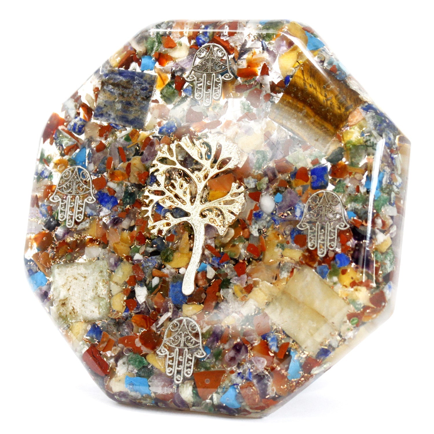 Handmade Orgonite Desk Power Pack / Paperweight - Large / Octagonal / Tree of Life / Multicoloured and Gold product packaging on clean background from Quintessential Holistic Health Ltd