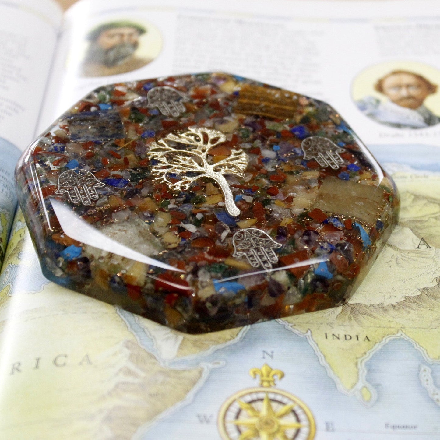 Handmade Orgonite Desk Power Pack / Paperweight - Large / Octagonal / Tree of Life / Multicoloured and Gold product packaging on clean background from Quintessential Holistic Health Ltd