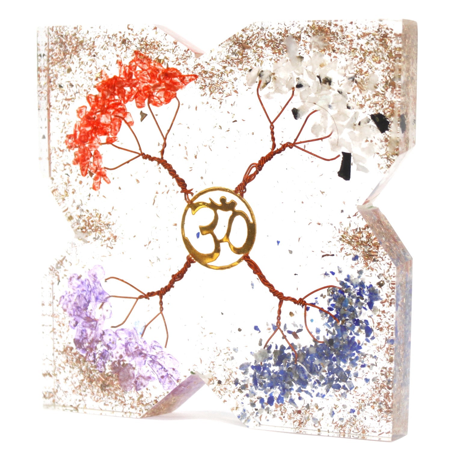 Handmade Orgonite Desk Power Pack / Paperweight - Large / 4 Tree / Multicolour and Copper product packaging on clean background from Quintessential Holistic Health Ltd