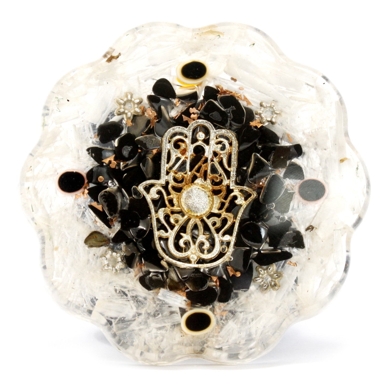 Handmade Orgonite Desk Power Pack / Paperweight - Medium / Hamsa with Sellonite / White, Brown and Gold product packaging on clean background from Quintessential Holistic Health Ltd