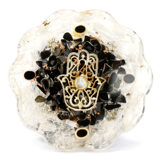 Handmade Orgonite Desk Power Pack / Paperweight - Medium / Hamsa with Sellonite / White, Brown and Gold product packaging on clean background from Quintessential Holistic Health Ltd