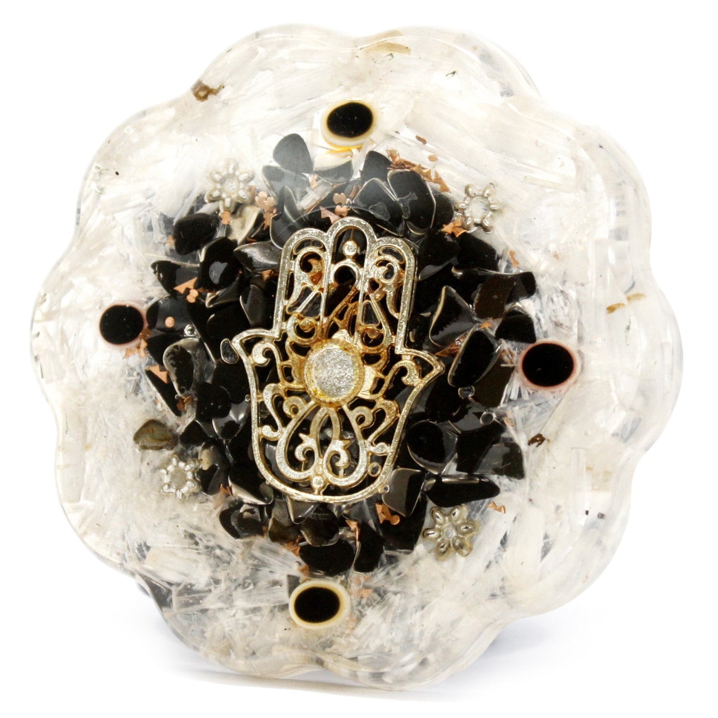 Handmade Orgonite Desk Power Pack / Paperweight - Medium / Hamsa with Sellonite / White, Brown and Gold product packaging on clean background from Quintessential Holistic Health Ltd