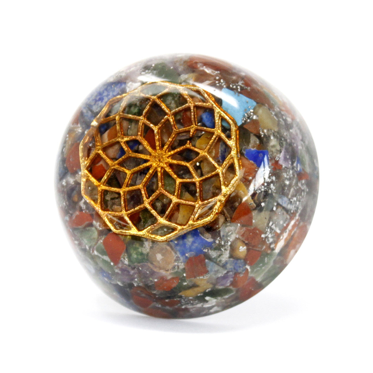 Handmade Orgonite Desk Power Pack / Paperweight - Small / Dome / Multi Stone / Multicoloured and Copper product packaging on clean background from Quintessential Holistic Health Ltd