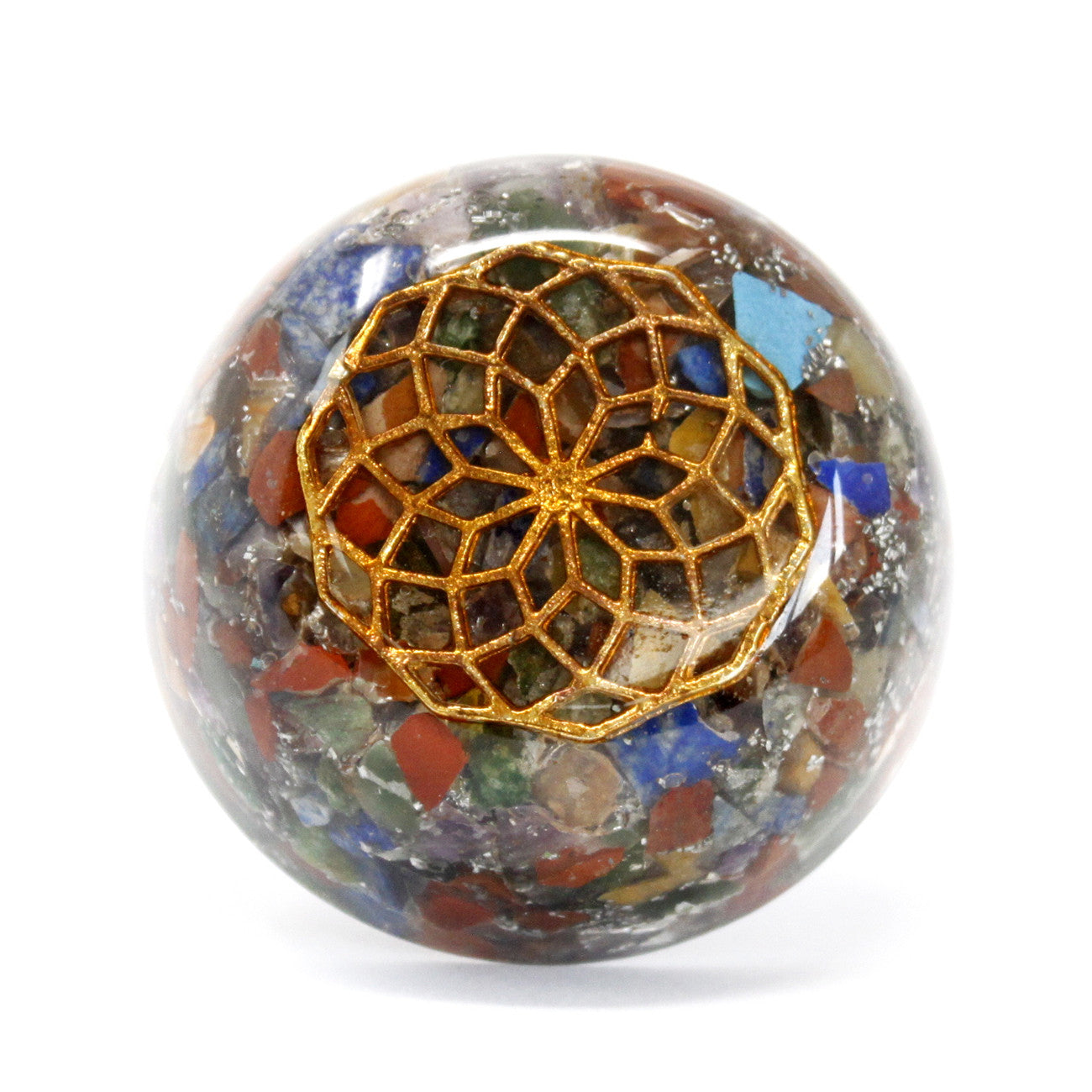 Handmade Orgonite Desk Power Pack / Paperweight - Small / Dome / Multi Stone / Multicoloured and Copper product packaging on clean background from Quintessential Holistic Health Ltd