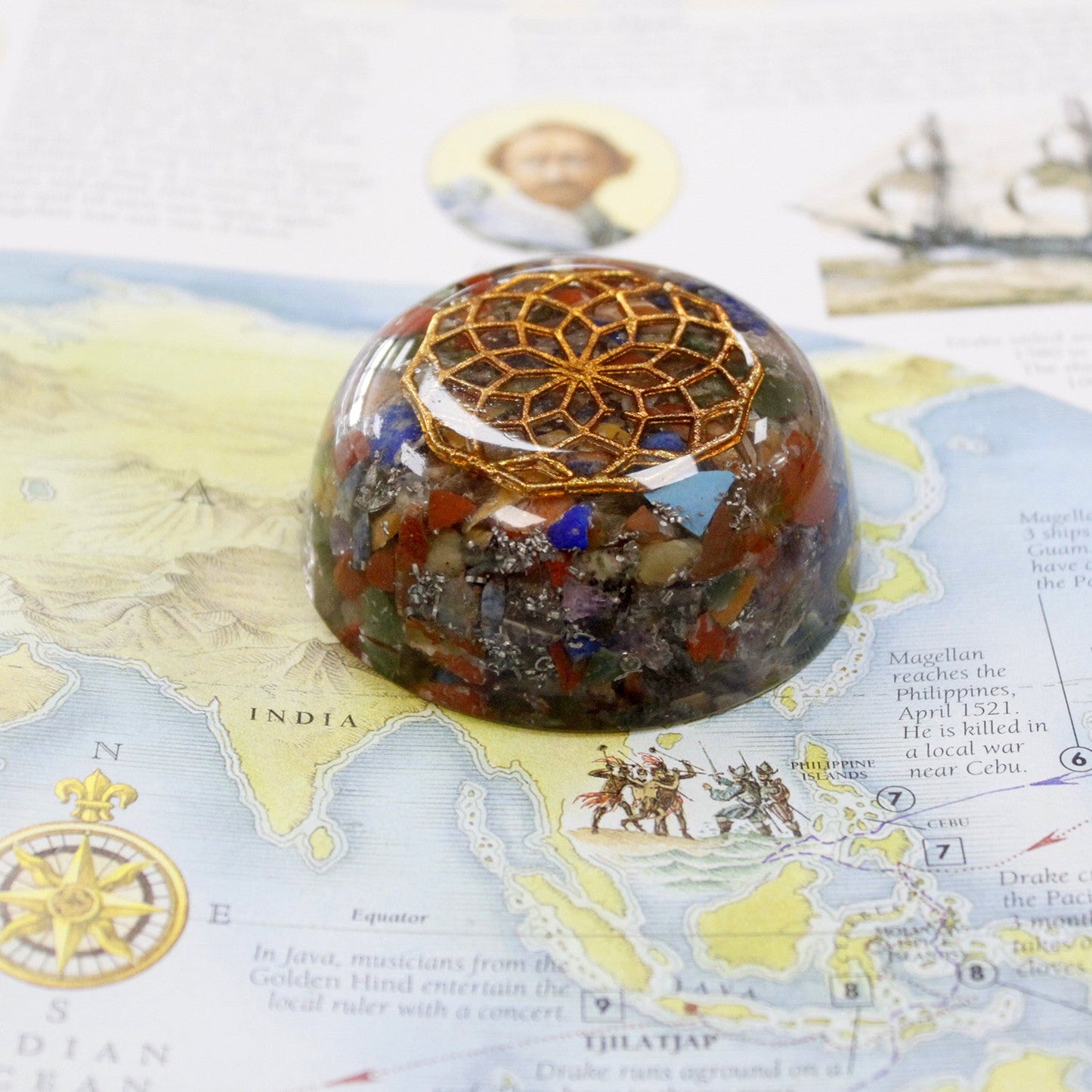 Handmade Orgonite Desk Power Pack / Paperweight - Small / Dome / Multi Stone / Multicoloured and Copper product packaging on clean background from Quintessential Holistic Health Ltd