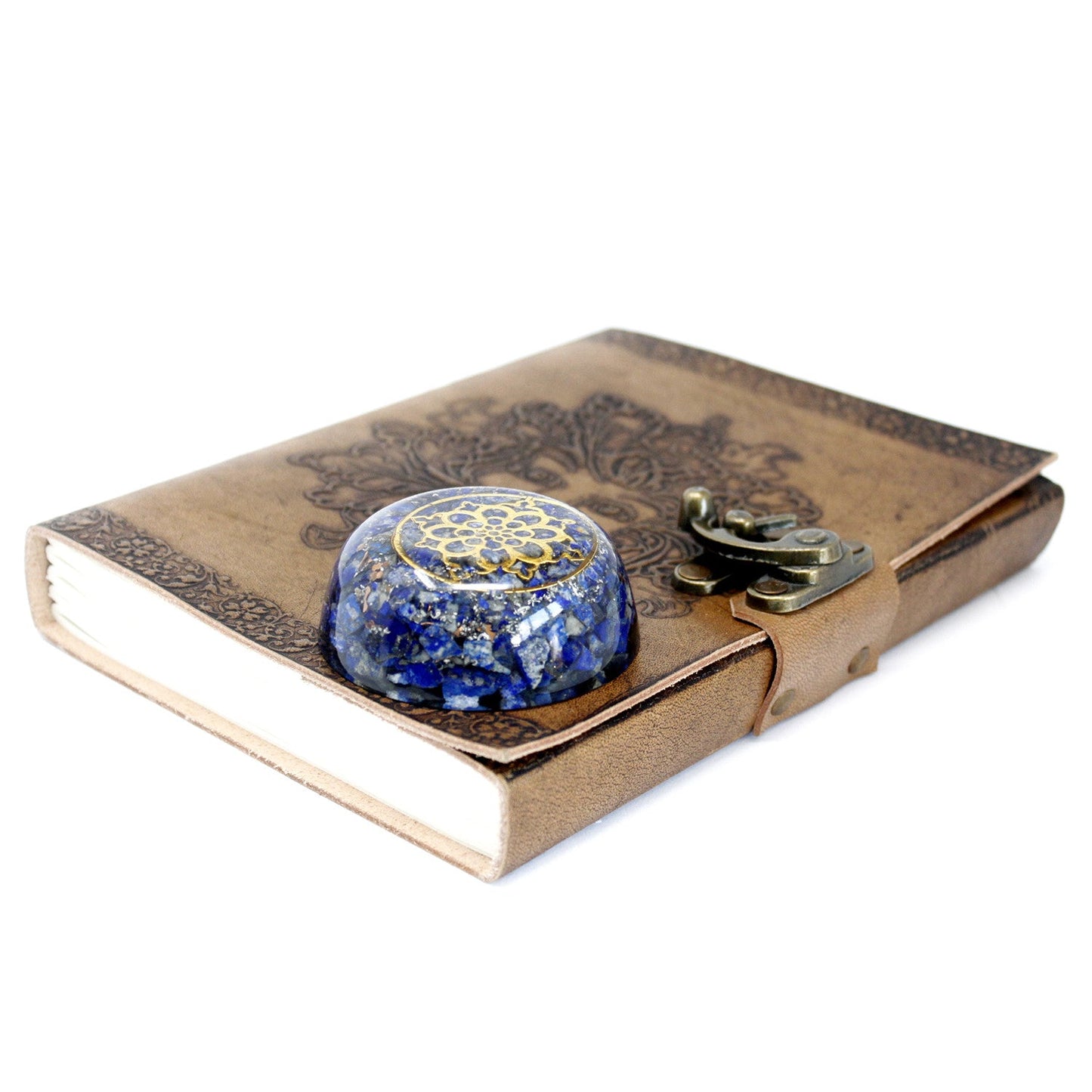 Handmade Orgonite Desk Power Pack / Paperweight - Small / Dome / Amethyst / Purple and Gold product packaging on clean background from Quintessential Holistic Health Ltd