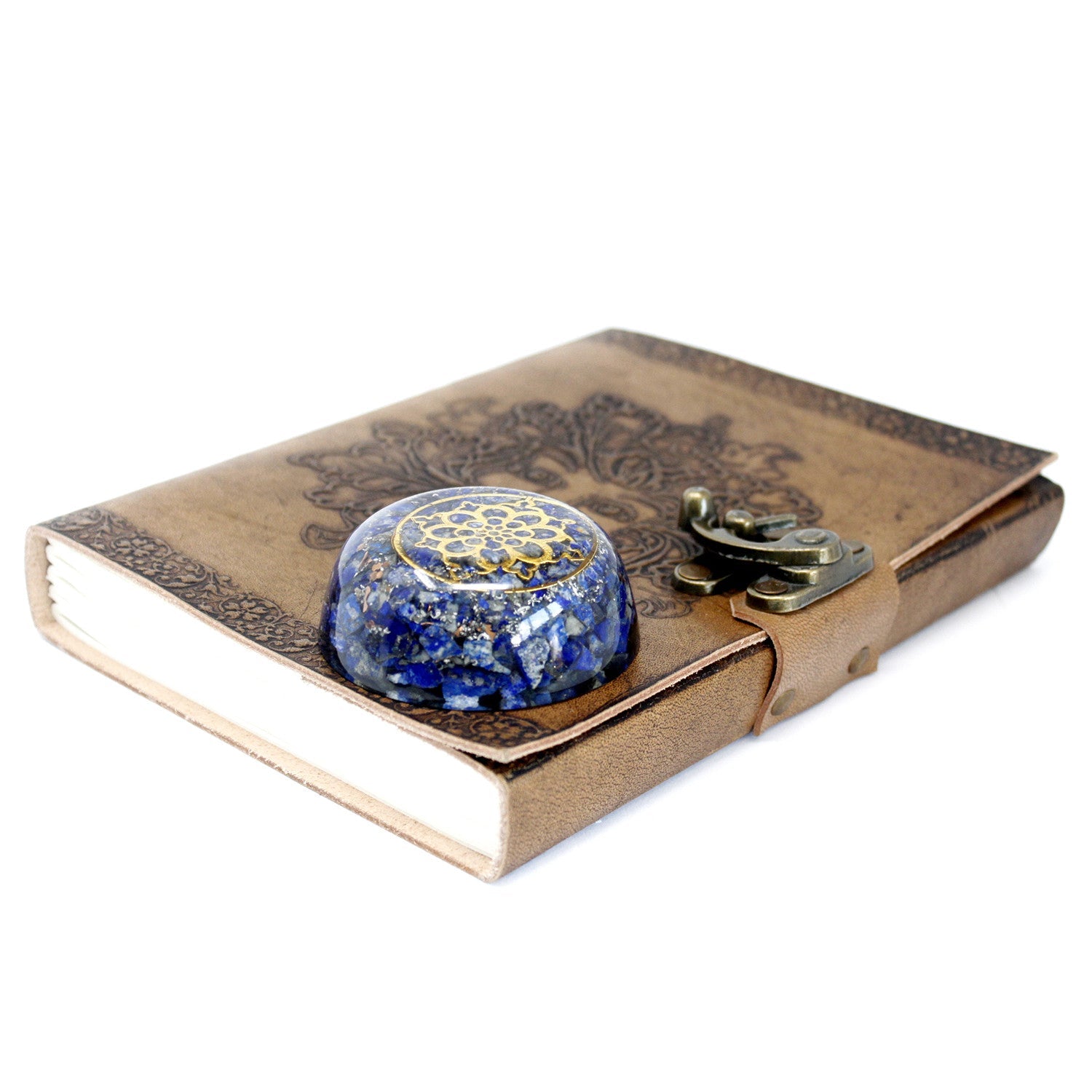 Handmade Orgonite Desk Power Pack / Paperweight - Small / Dome / Amethyst / Purple and Gold product packaging on clean background from Quintessential Holistic Health Ltd