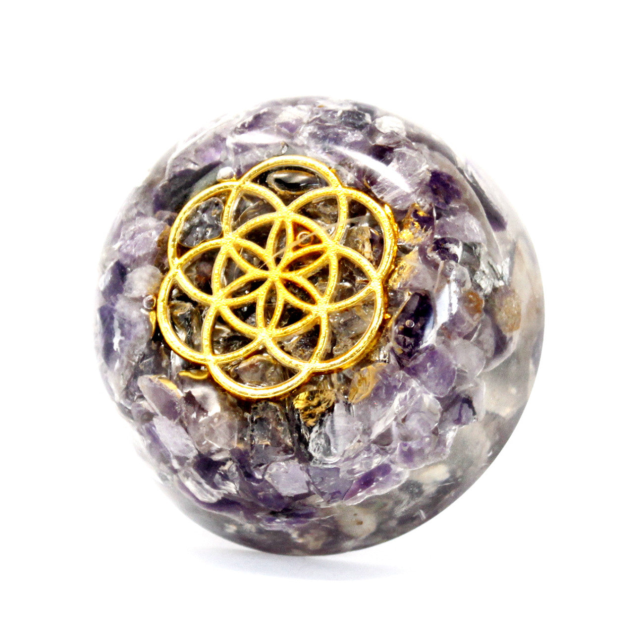 Handmade Orgonite Desk Power Pack / Paperweight - Small / Dome / Amethyst / Purple and Gold product packaging on clean background from Quintessential Holistic Health Ltd