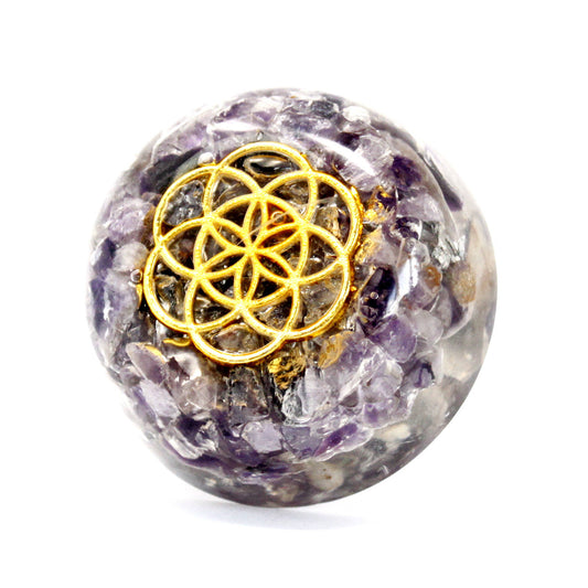 Handmade Orgonite Desk Power Pack / Paperweight - Small / Dome / Amethyst / Purple and Gold product packaging on clean background from Quintessential Holistic Health Ltd