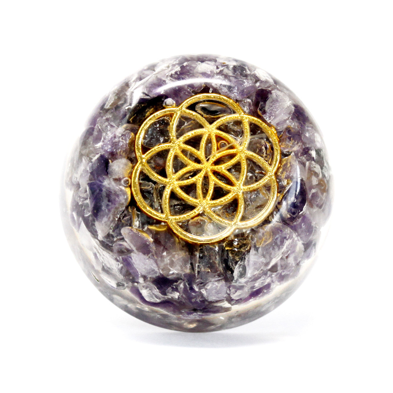 Handmade Orgonite Desk Power Pack / Paperweight - Small / Dome / Amethyst / Purple and Gold product packaging on clean background from Quintessential Holistic Health Ltd