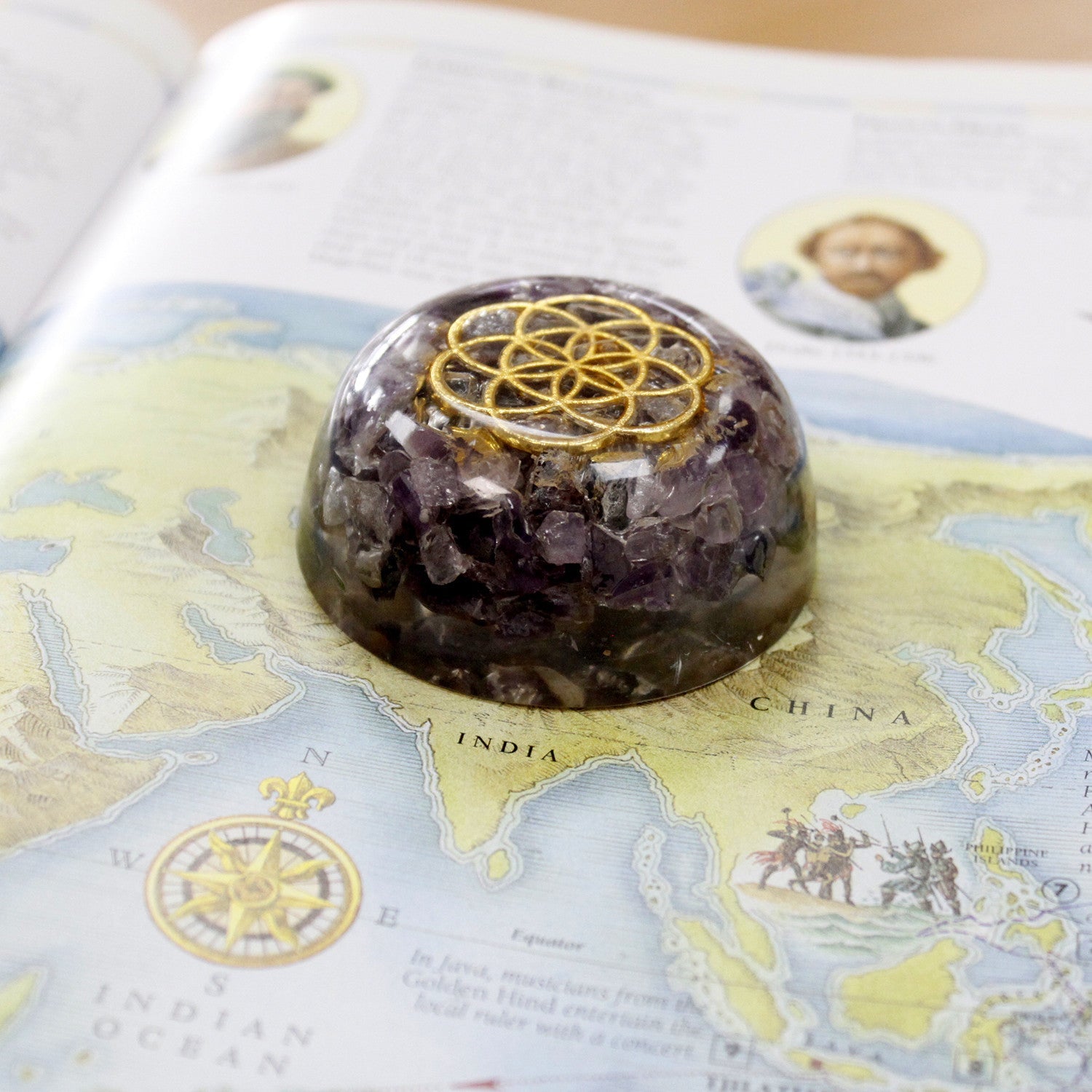 Handmade Orgonite Desk Power Pack / Paperweight - Small / Dome / Amethyst / Purple and Gold product packaging on clean background from Quintessential Holistic Health Ltd