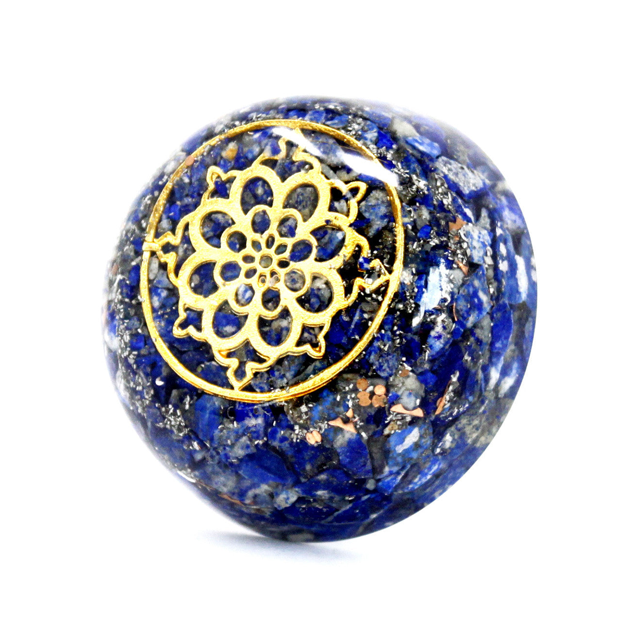 Handmade Orgonite Desk Power Pack / Paperweight - Small / Dome Lapis / Blue and Gold product packaging on clean background from Quintessential Holistic Health Ltd