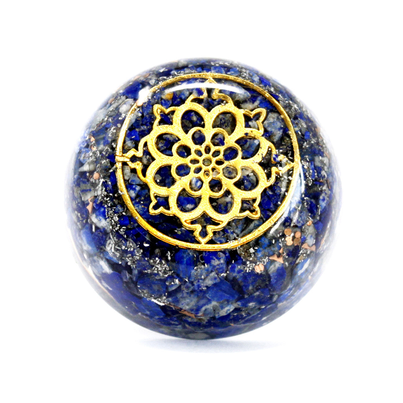Handmade Orgonite Desk Power Pack / Paperweight - Small / Dome Lapis / Blue and Gold product packaging on clean background from Quintessential Holistic Health Ltd