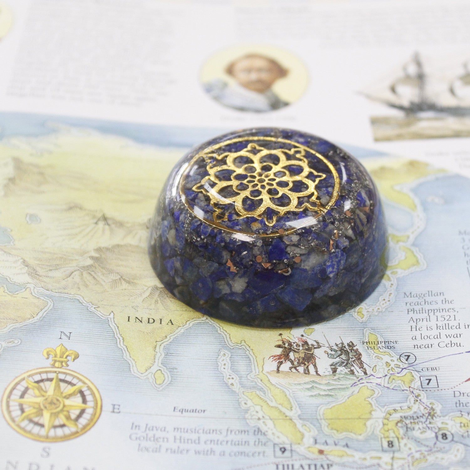 Handmade Orgonite Desk Power Pack / Paperweight - Small / Dome Lapis / Blue and Gold product packaging on clean background from Quintessential Holistic Health Ltd