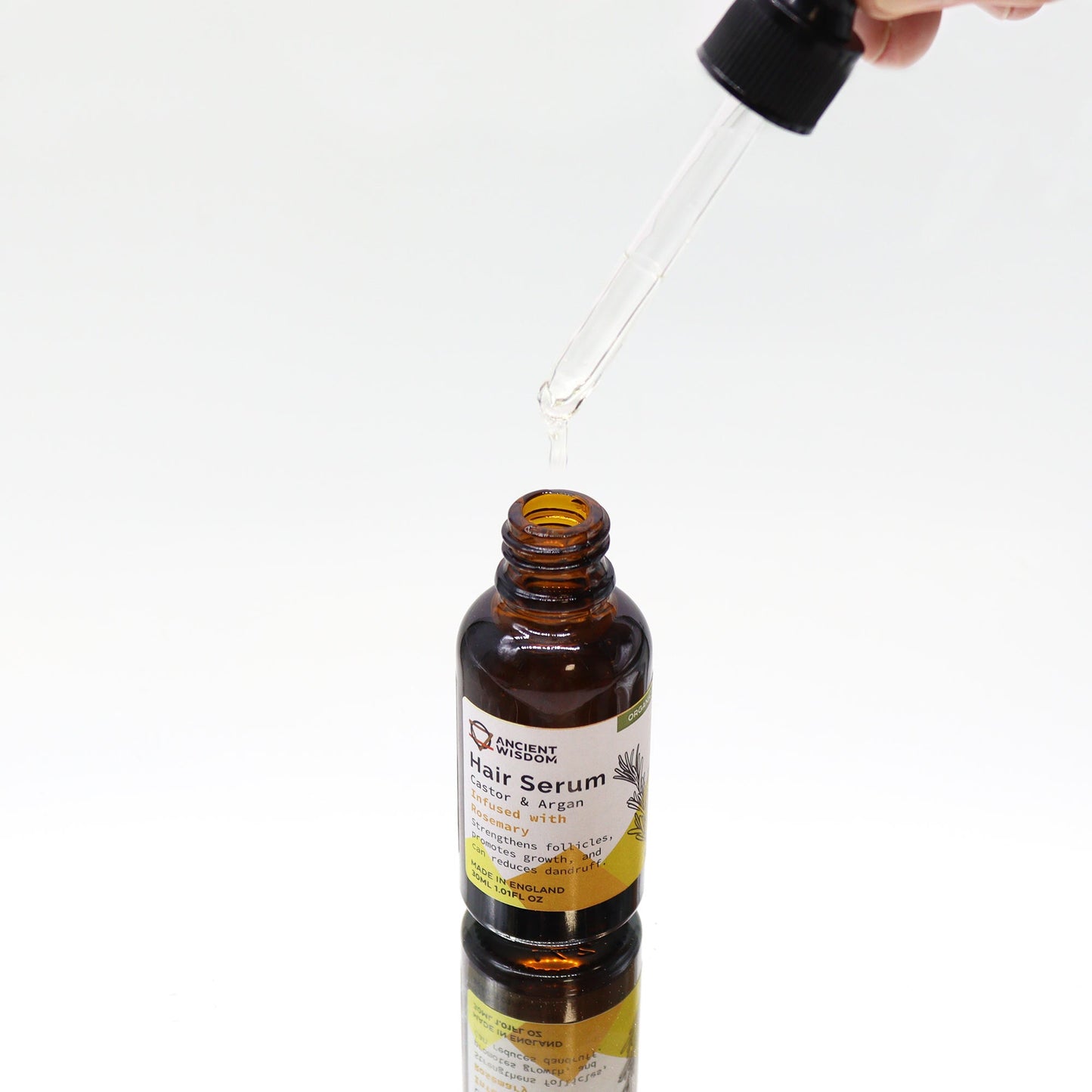 30ml Organic Vegan-Friendly Hair Serum - Rosemary product packaging on clean background from Quintessential Holistic Health Ltd