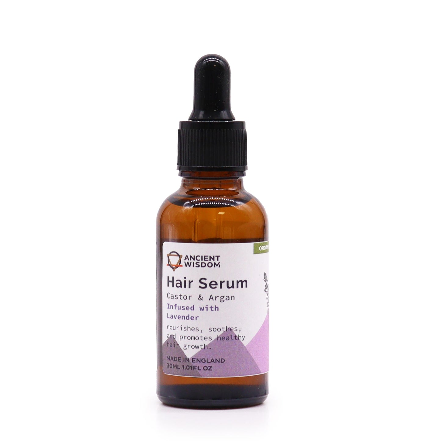 Organic Vegan-Friendly Lavender Hair Serum - 30ml, upright amber bottle with a black dropper cap and purple geometric label, by Quintessential Holistic Health Ltd