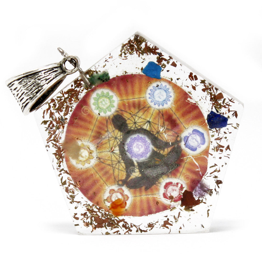 Handmade Orgonite Power Pendant - Pentagon Chakra product packaging on clean background from Quintessential Holistic Health Ltd