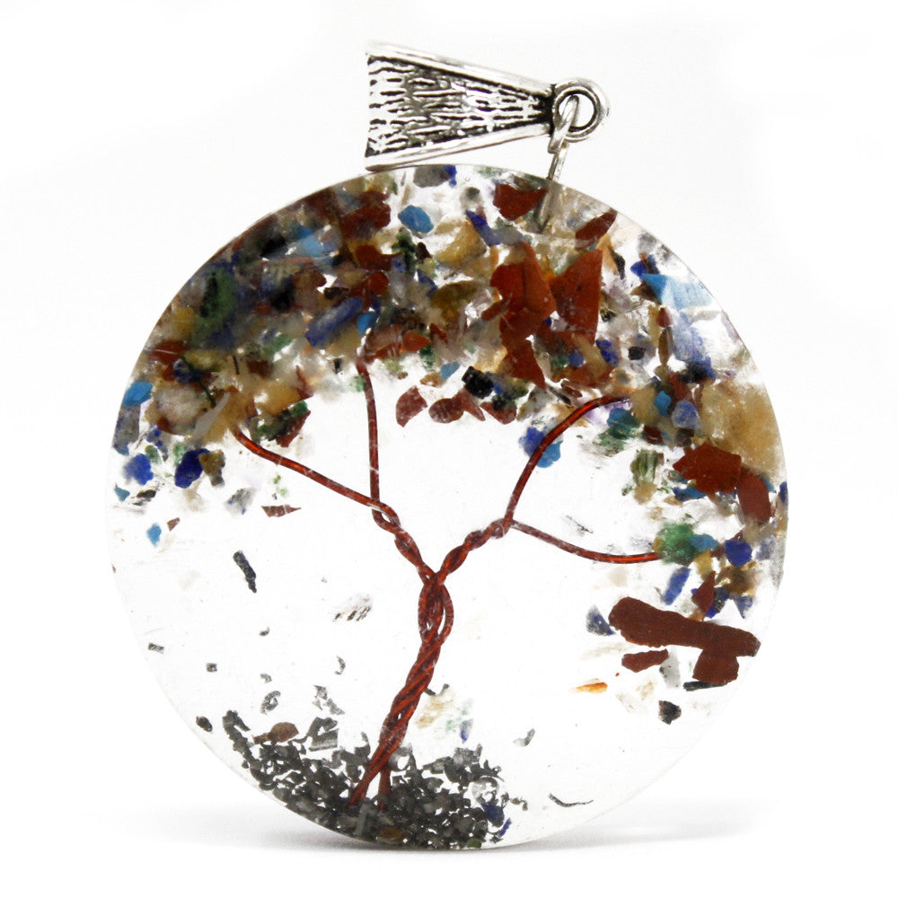Handmade Orgonite Power Pendant - Round / Multicoloured / Amethyst Tree product packaging on clean background from Quintessential Holistic Health Ltd