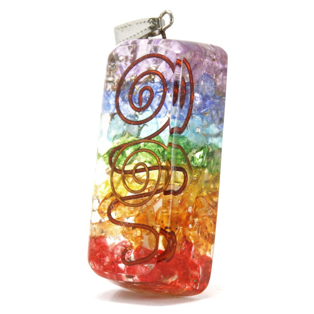 Handmade Orgonite Power Pendant - Rainbow Copper Attractor product packaging on clean background from Quintessential Holistic Health Ltd