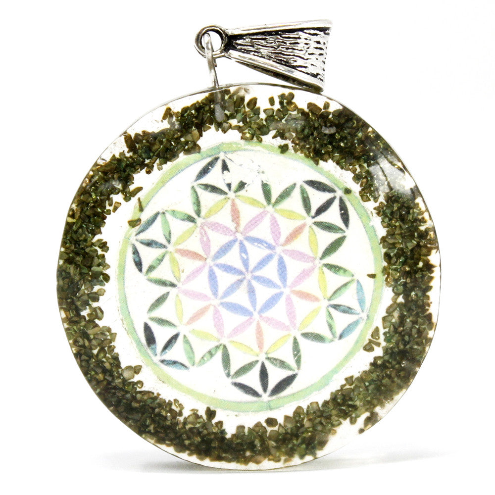 Handmade Orgonite Power Pendant - Greenstone Mandala product packaging on clean background from Quintessential Holistic Health Ltd