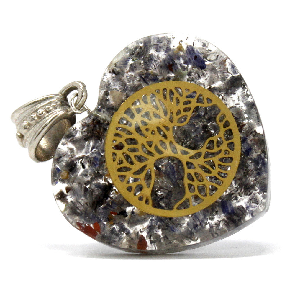 Handmade Orgonite Power Pendant - Heart / Tree of Life product packaging on clean background from Quintessential Holistic Health Ltd