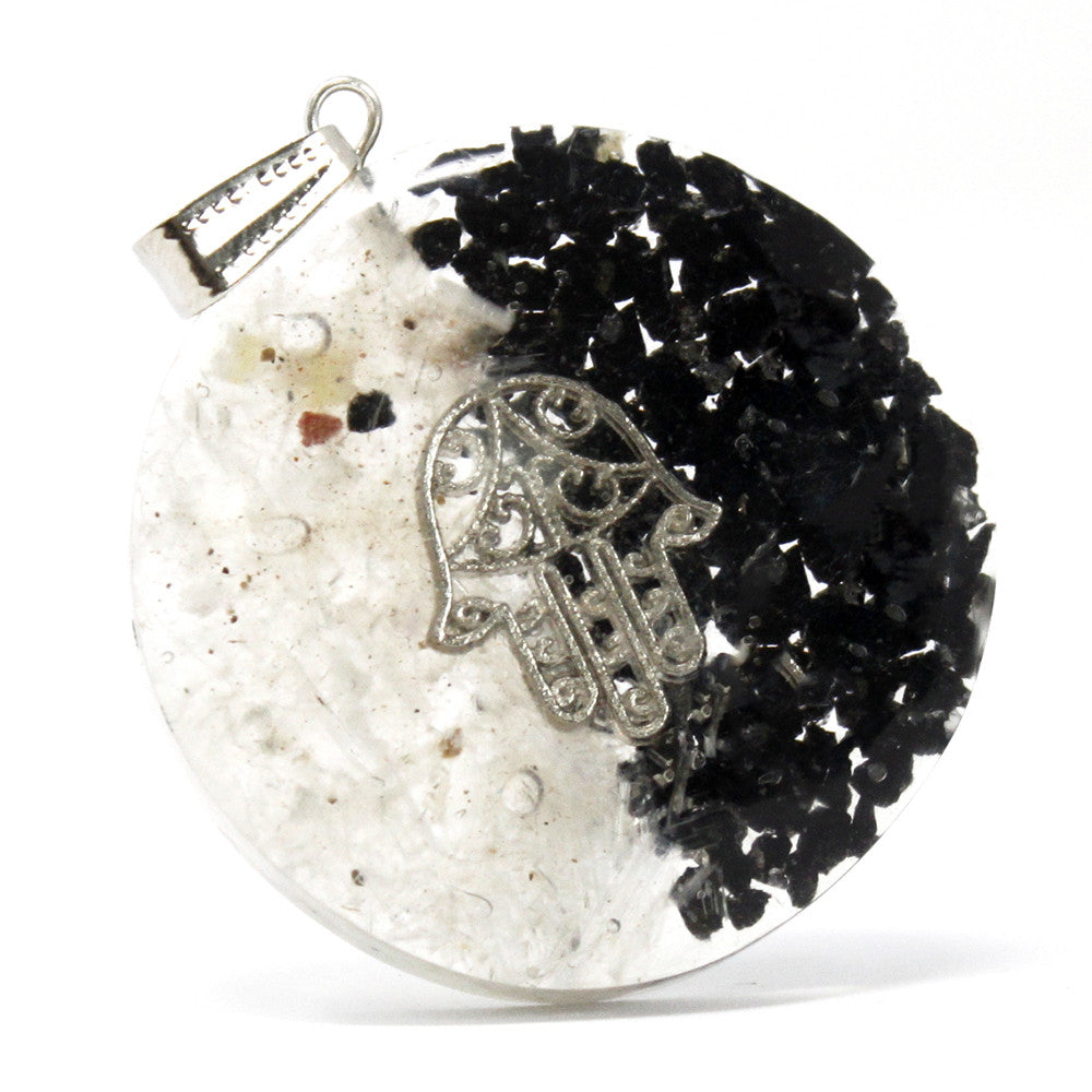 Handmade Orgonite Power Pendant - Hamsa / Yin and Yang / Good and Evil product packaging on clean background from Quintessential Holistic Health Ltd