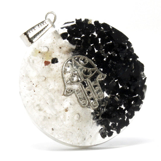 Handmade Orgonite Power Pendant - Hamsa / Yin and Yang / Good and Evil product packaging on clean background from Quintessential Holistic Health Ltd
