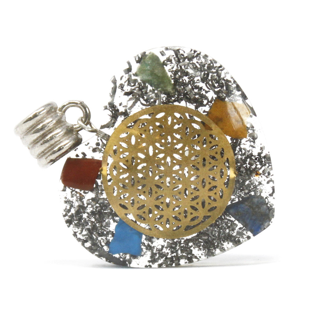 Handmade Orgonite Power Pendant - Heart / 7 Stone Chakra product packaging on clean background from Quintessential Holistic Health Ltd
