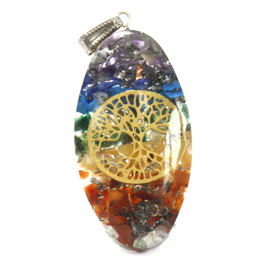 Handmade Orgonite Power Pendant - Oval / 7 Stone Chakra with Tree product packaging on clean background from Quintessential Holistic Health Ltd