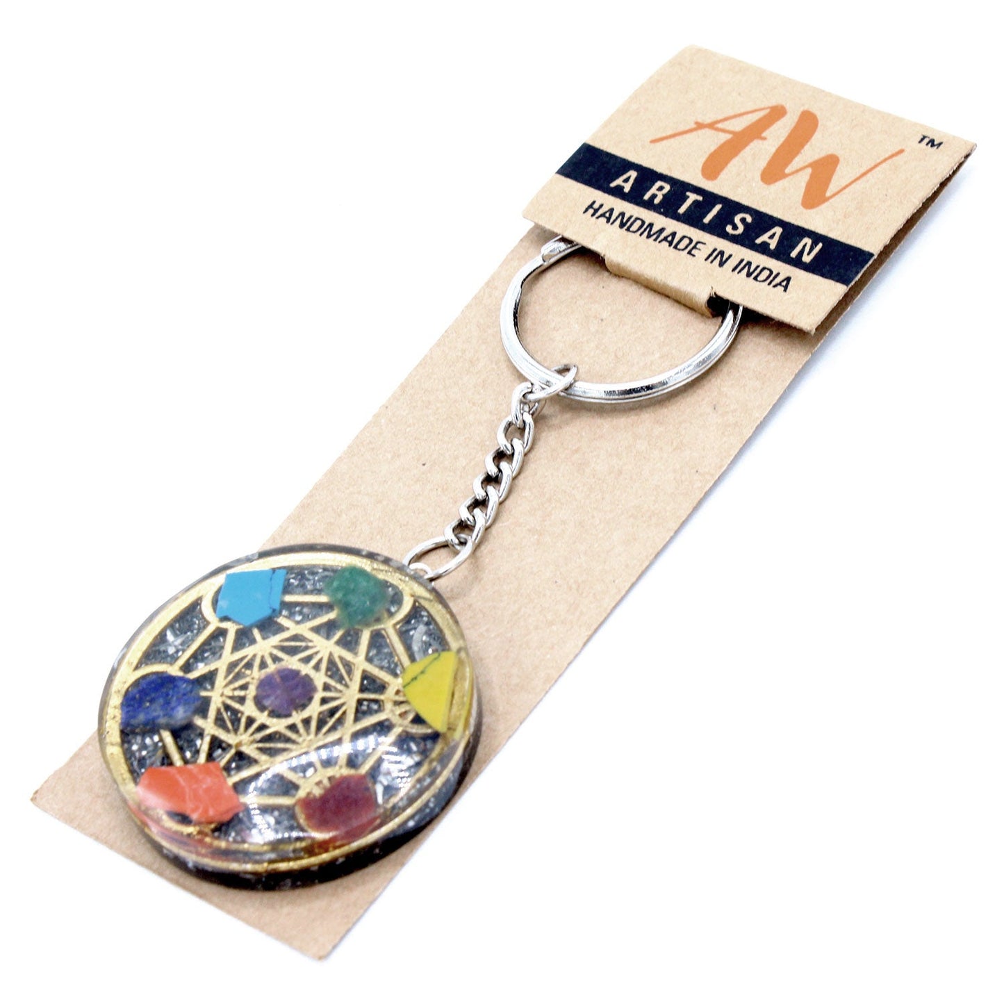 Handmade Orgonite Power Keyring - Round / Seven Chakra / Multicoloured product packaging on clean background from Quintessential Holistic Health Ltd