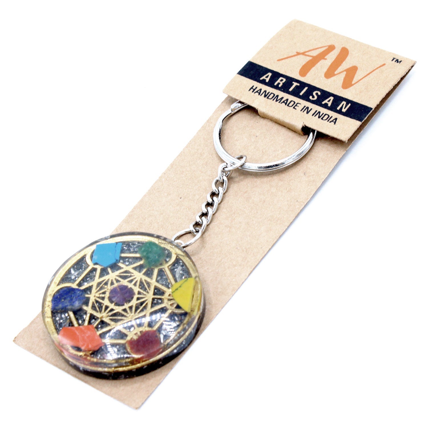 Handmade Orgonite Power Keyring - Round / Seven Chakra / Multicoloured product packaging on clean background from Quintessential Holistic Health Ltd