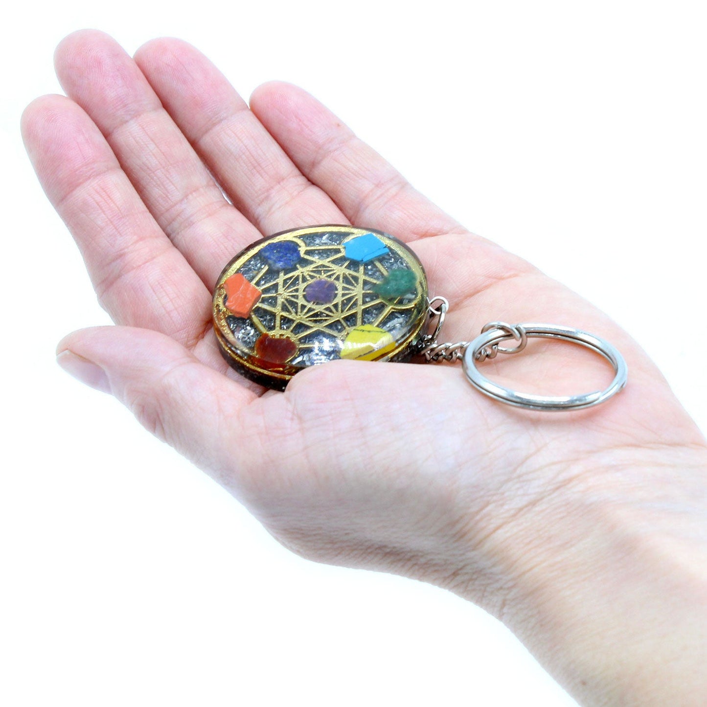 Handmade Orgonite Power Keyring - Round / Seven Chakra / Multicoloured product packaging on clean background from Quintessential Holistic Health Ltd