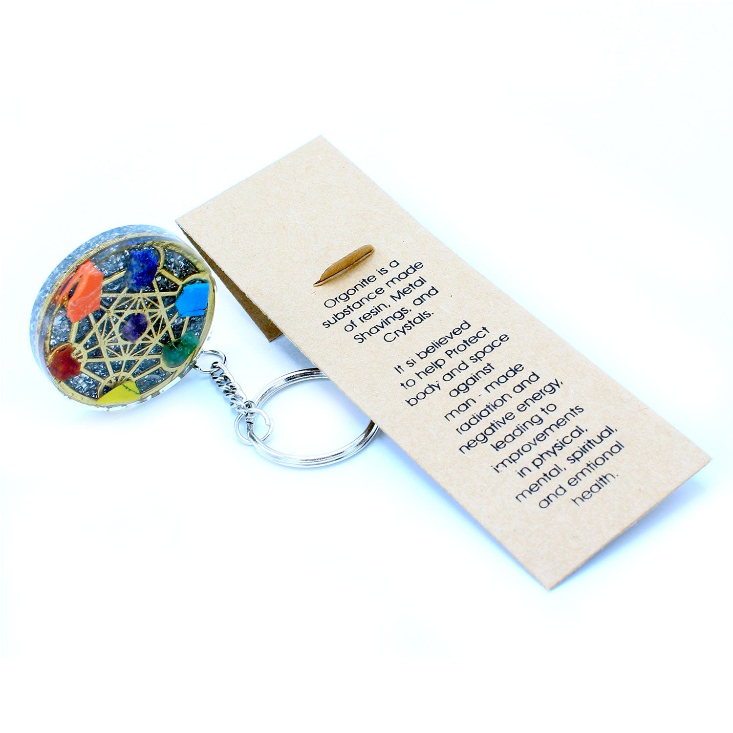 Handmade Orgonite Power Keyring - Round / Seven Chakra / Multicoloured product packaging on clean background from Quintessential Holistic Health Ltd