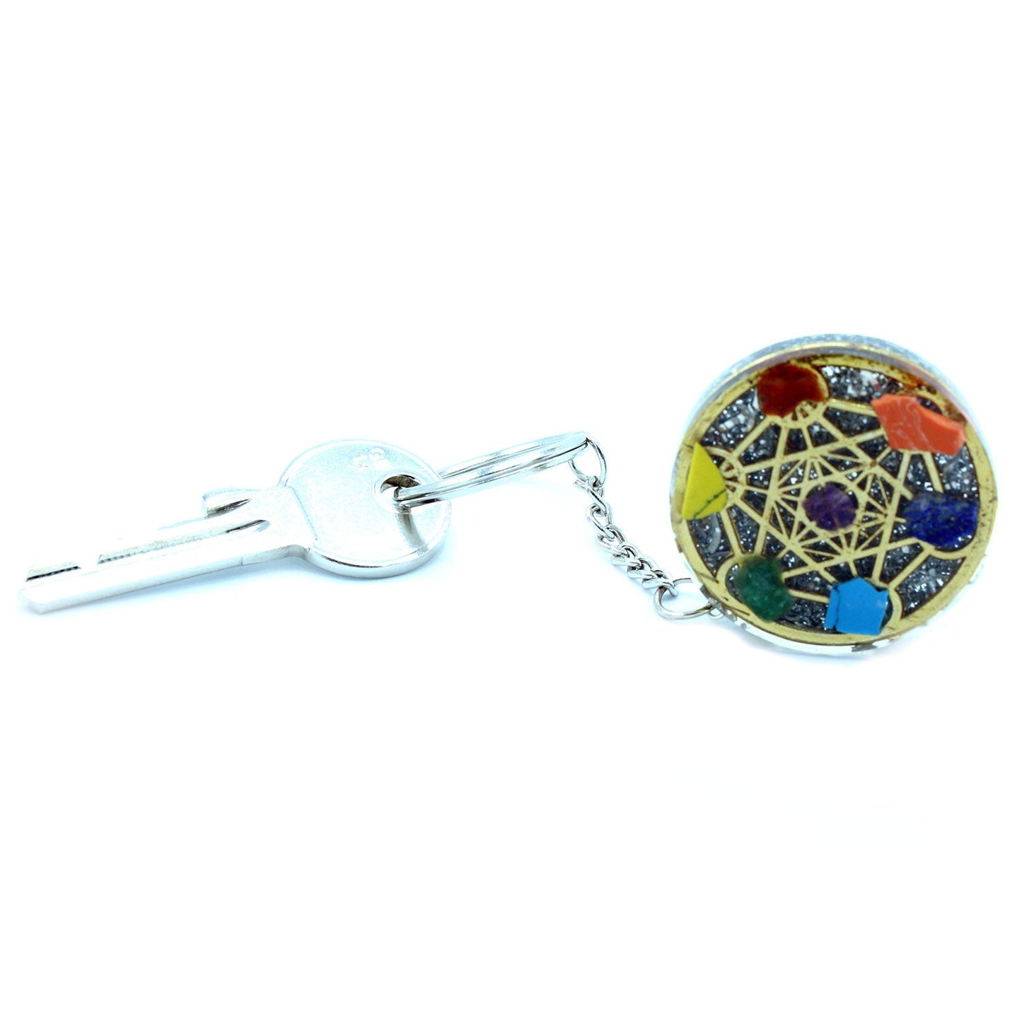 Handmade Orgonite Power Keyring - Round / Seven Chakra / Multicoloured product packaging on clean background from Quintessential Holistic Health Ltd