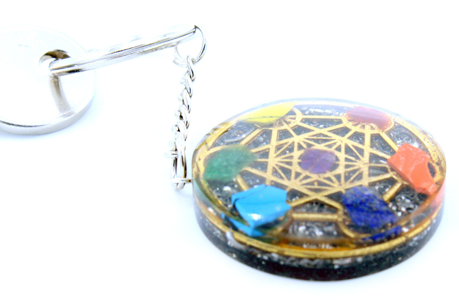 Handmade Orgonite Power Keyring - Round / Seven Chakra / Multicoloured product packaging on clean background from Quintessential Holistic Health Ltd