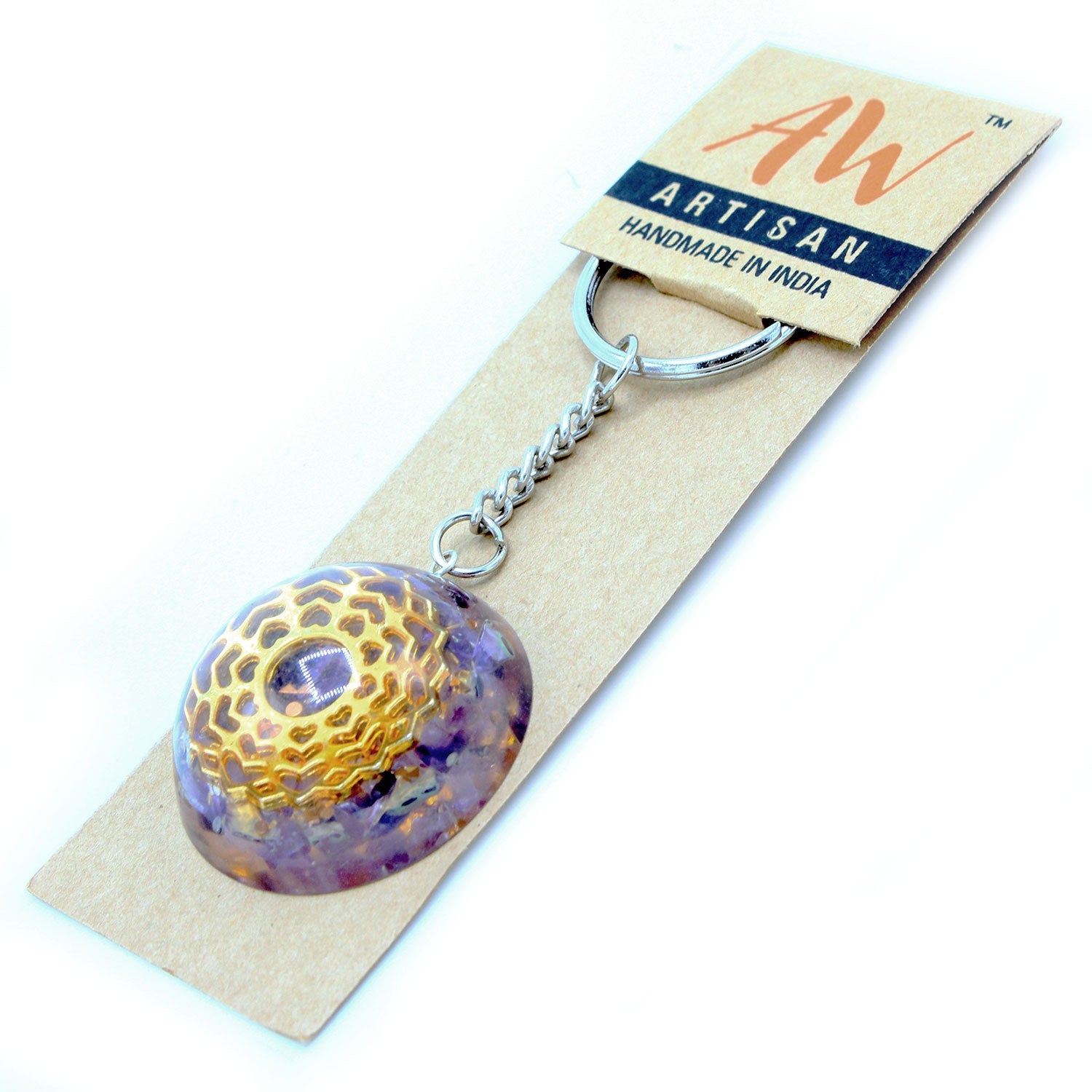 Handmade Orgonite Power Keyring - Dome / Amethyst and Mandala Hearts / Purple and Gold product packaging on clean background from Quintessential Holistic Health Ltd
