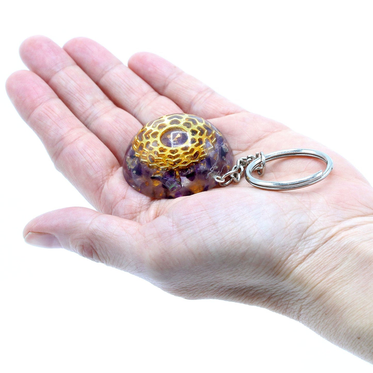 Handmade Orgonite Power Keyring - Dome / Amethyst and Mandala Hearts / Purple and Gold product packaging on clean background from Quintessential Holistic Health Ltd