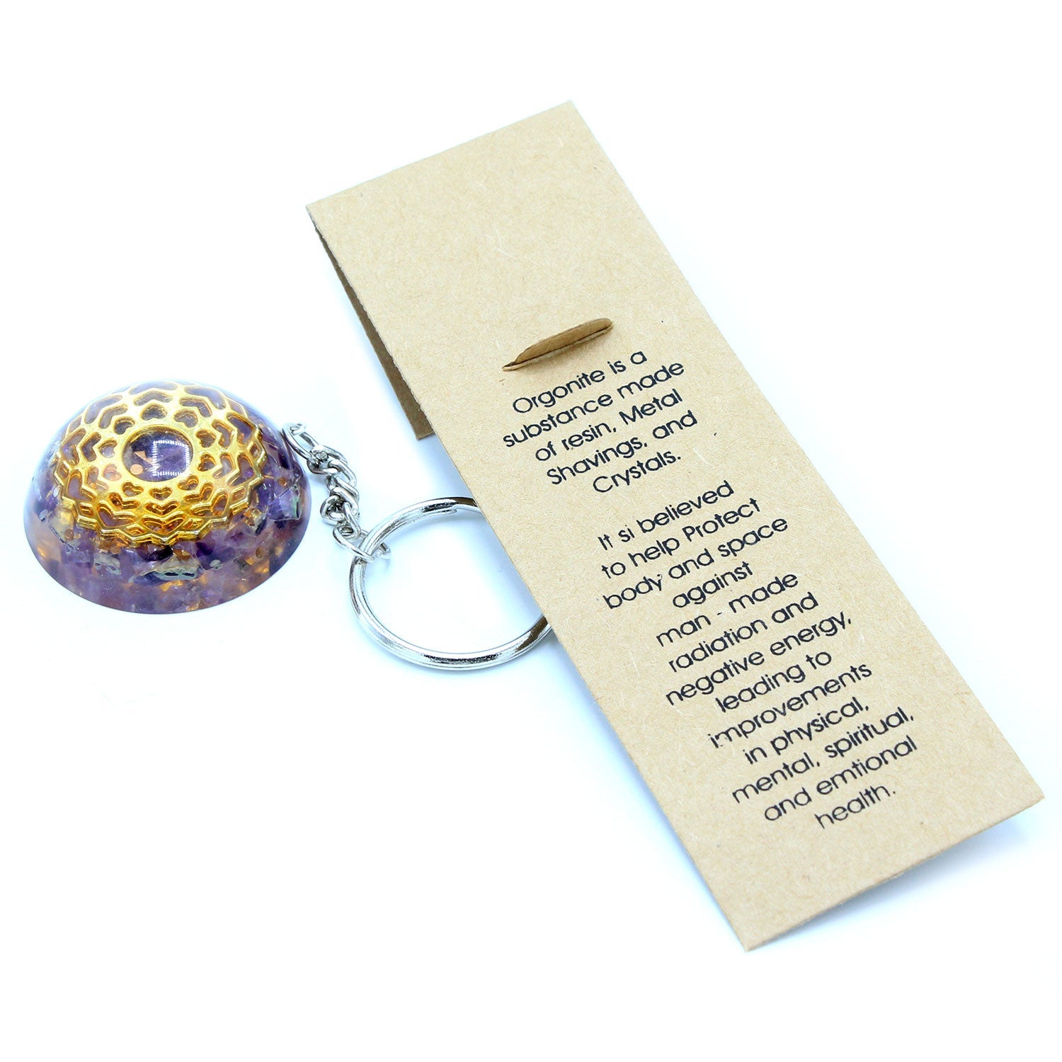 Handmade Orgonite Power Keyring - Dome / Amethyst and Mandala Hearts / Purple and Gold product packaging on clean background from Quintessential Holistic Health Ltd