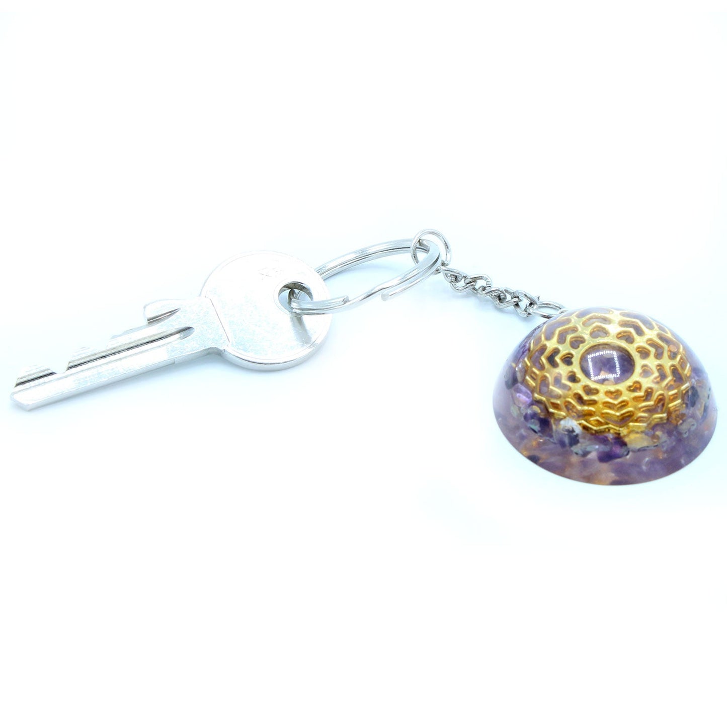 Handmade Orgonite Power Keyring - Dome / Amethyst and Mandala Hearts / Purple and Gold product packaging on clean background from Quintessential Holistic Health Ltd