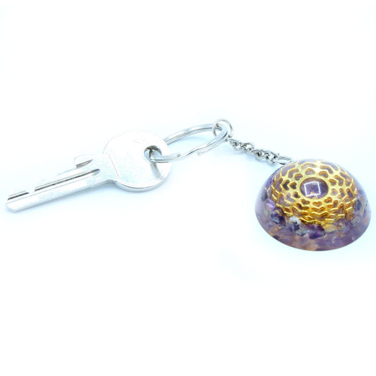 Handmade Orgonite Power Keyring - Dome / Amethyst and Mandala Hearts / Purple and Gold product packaging on clean background from Quintessential Holistic Health Ltd