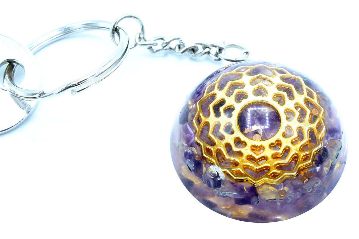 Handmade Orgonite Power Keyring - Dome / Amethyst and Mandala Hearts / Purple and Gold product packaging on clean background from Quintessential Holistic Health Ltd