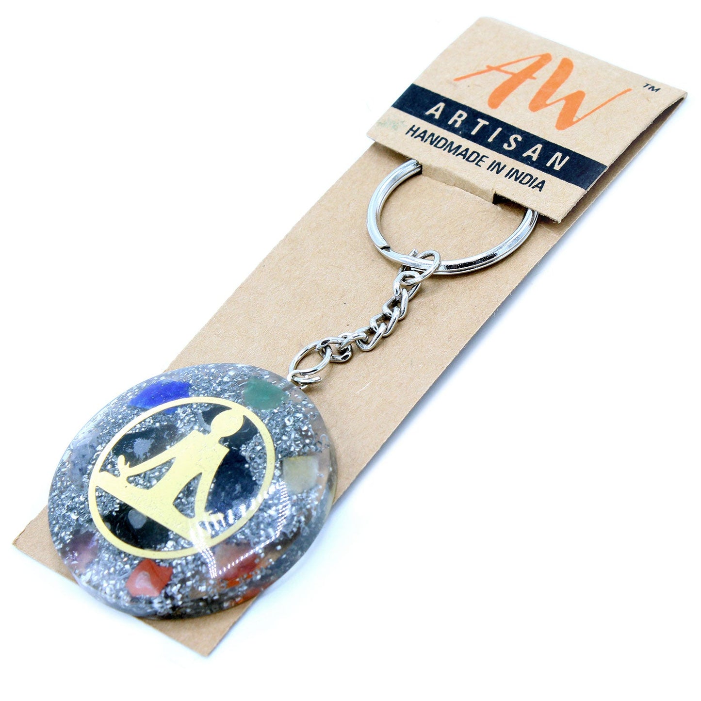 Handmade Orgonite Power Keyring - Round / Buddha and Seven Chakra / Multicolour and Gold product packaging on clean background from Quintessential Holistic Health Ltd