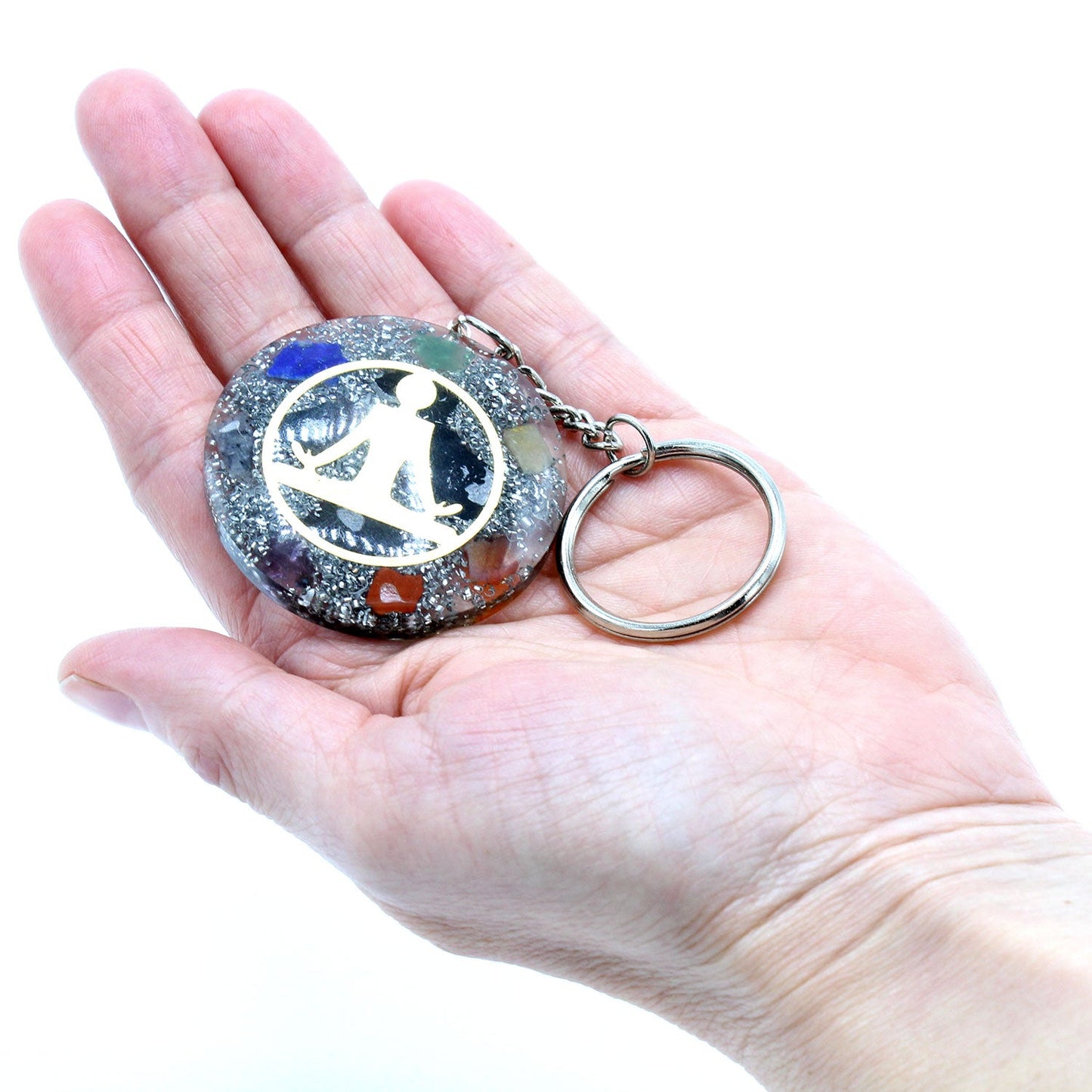 Handmade Orgonite Power Keyring - Round / Buddha and Seven Chakra / Multicolour and Gold product packaging on clean background from Quintessential Holistic Health Ltd