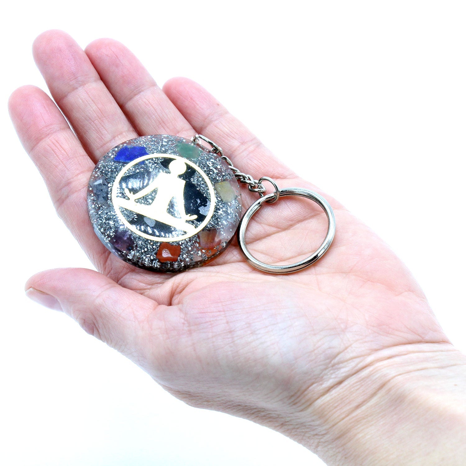 Handmade Orgonite Power Keyring - Round / Buddha and Seven Chakra / Multicolour and Gold product packaging on clean background from Quintessential Holistic Health Ltd