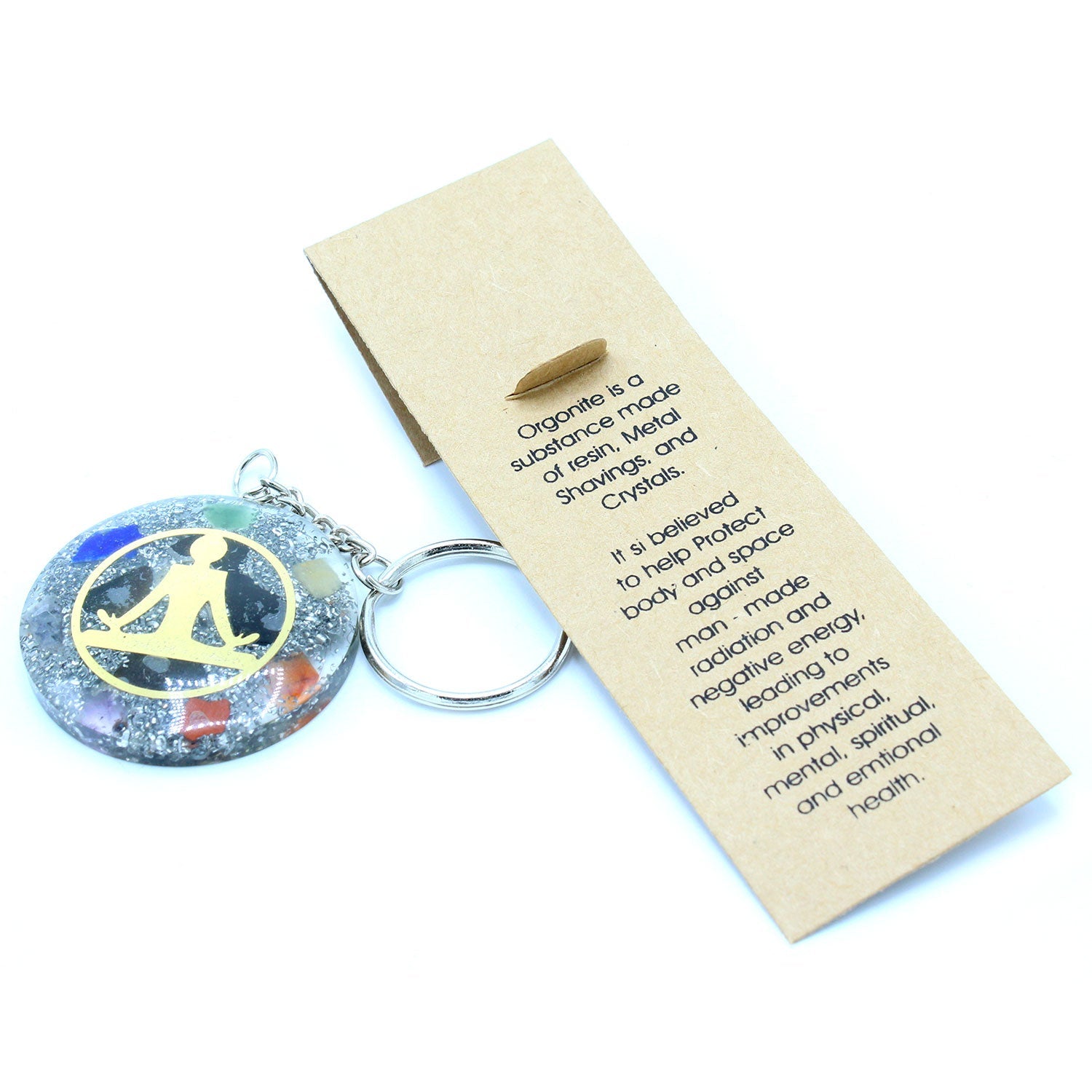 Handmade Orgonite Power Keyring - Round / Buddha and Seven Chakra / Multicolour and Gold product packaging on clean background from Quintessential Holistic Health Ltd