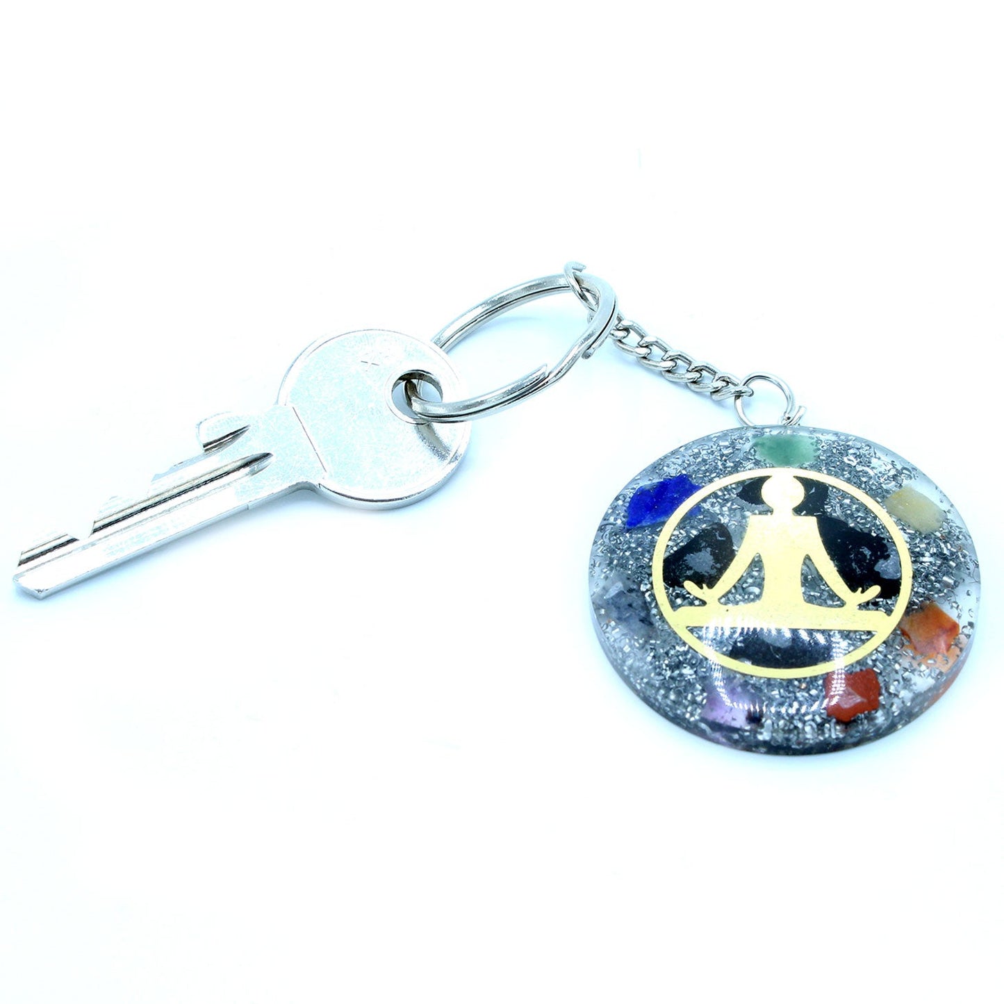 Handmade Orgonite Power Keyring - Round / Buddha and Seven Chakra / Multicolour and Gold product packaging on clean background from Quintessential Holistic Health Ltd