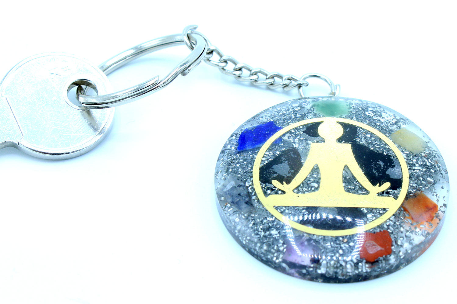 Handmade Orgonite Power Keyring - Round / Buddha and Seven Chakra / Multicolour and Gold product packaging on clean background from Quintessential Holistic Health Ltd