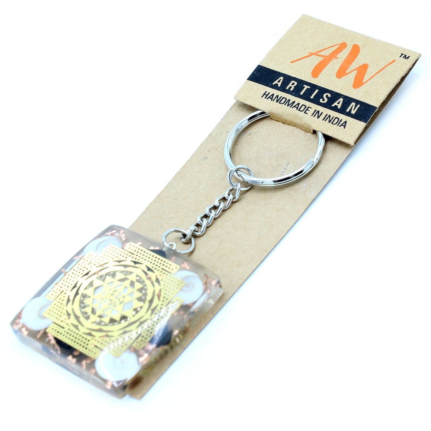 Handmade Orgonite Power Keyring - Square / Tourmaline / Clear and Gold product packaging on clean background from Quintessential Holistic Health Ltd
